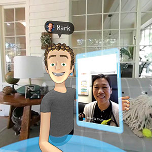 Facebookgrundaren Mark Zuckerberg demonstrerar live-bakgrunder till vr-upplevelsen – här med frun Priscilla Chan (på Messenger-chat) i deras hem.
